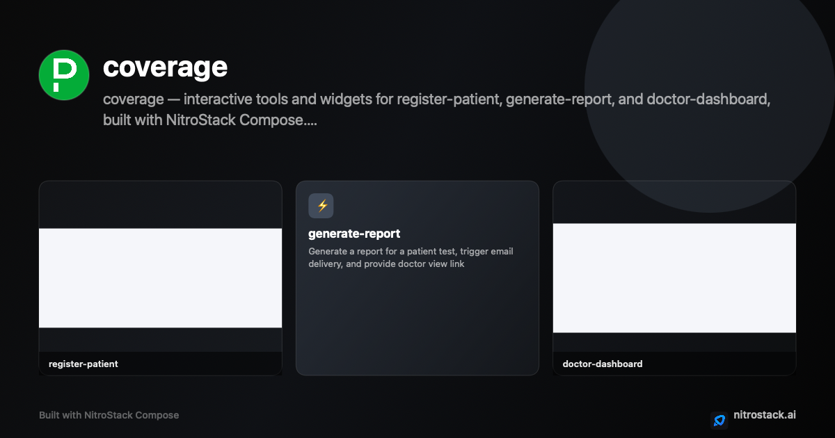 insurance coverage tracker for:
- physical tests like: blood test, gut health test, other physical health tests, cardio test;
- cosmetic tests like: eye test, hair test, skin test, height test, weight test.
- register patients, move each patient through different processes, generate their reports tailored to each patient, send email to those patients, and also give reports presented to the doctor who wants to see it. screenshot 1